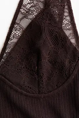 Top en maille côtelée avec dentelle - Marron foncé — photo 4