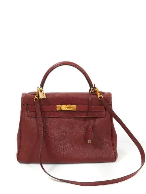 Sac à main KELLY 32 en cuir Clémence torillon bordeaux fermoir doré