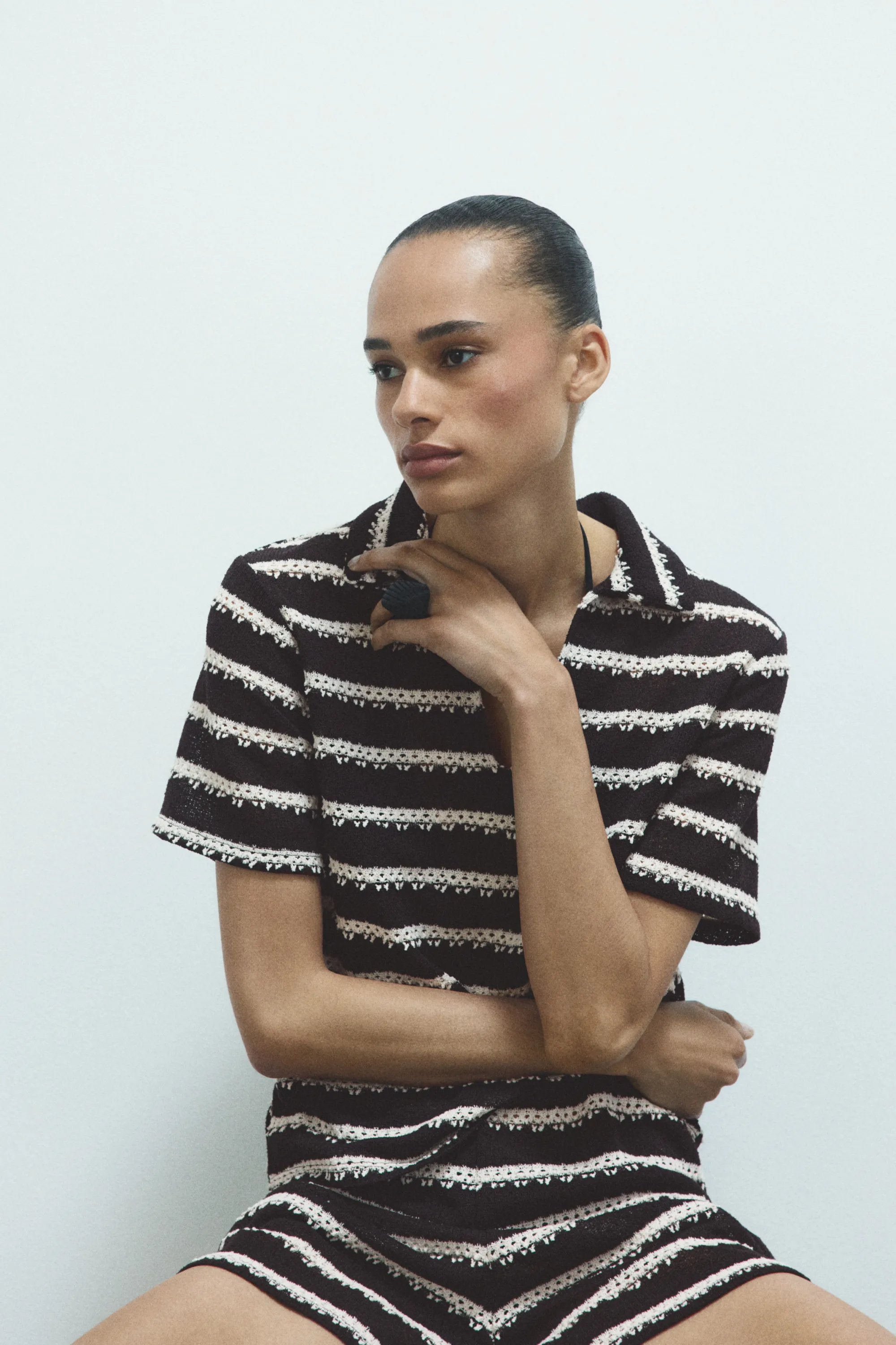 Polo façon crochet - Marron foncé/rayé