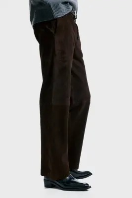 Pantalon Relaxed Fit en cuir velours - Marron foncé — photo 2