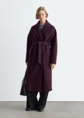 Manteau volumineux en laine avec ceinture - Violet foncé — photo 2