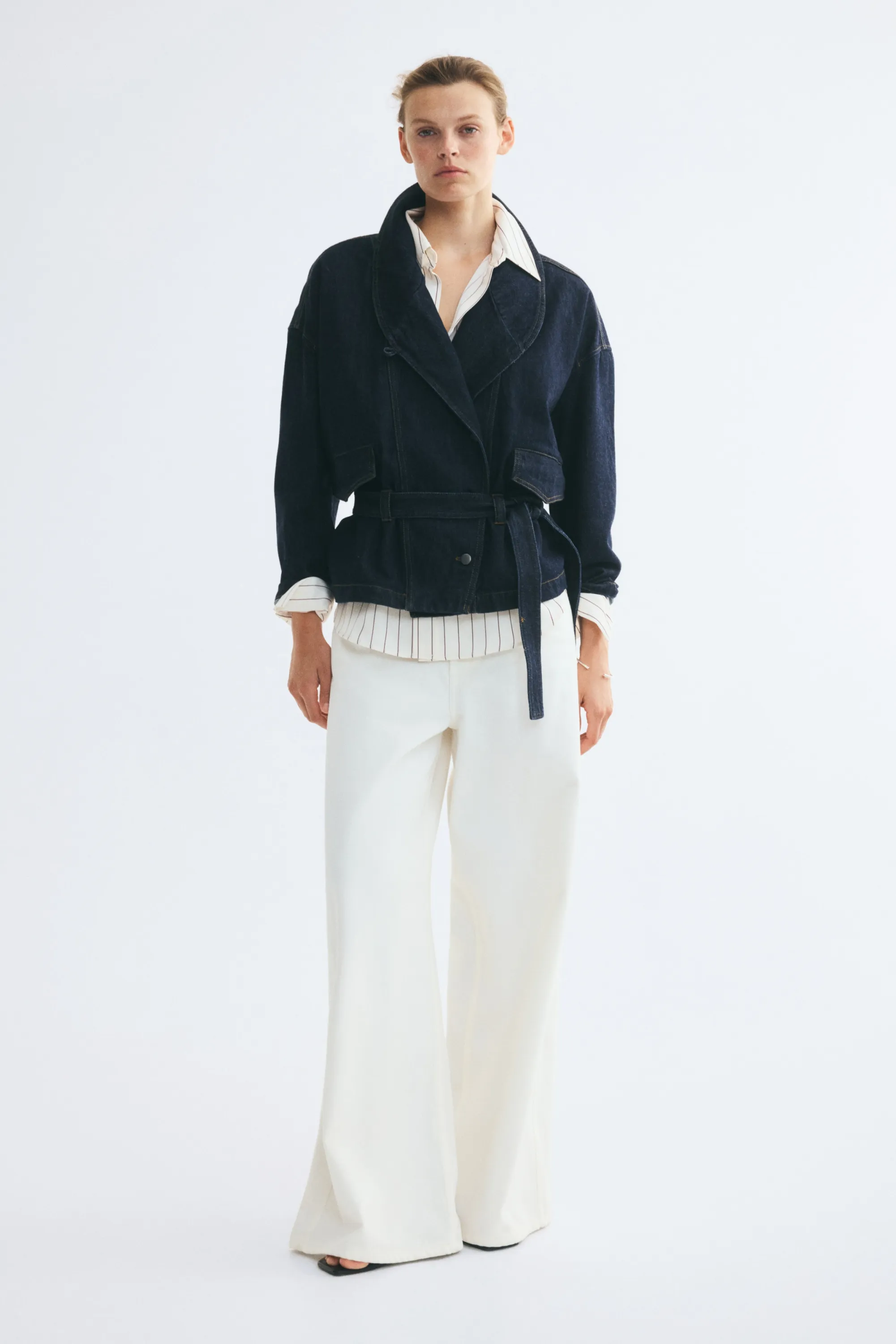Veste en denim avec col châle - Bleu marine