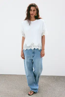 T-shirt en coton avec dentelle - Blanc/crème — photo 2