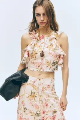 Top sans manches en lin mélangé - Beige clair/fleuri — photo 3