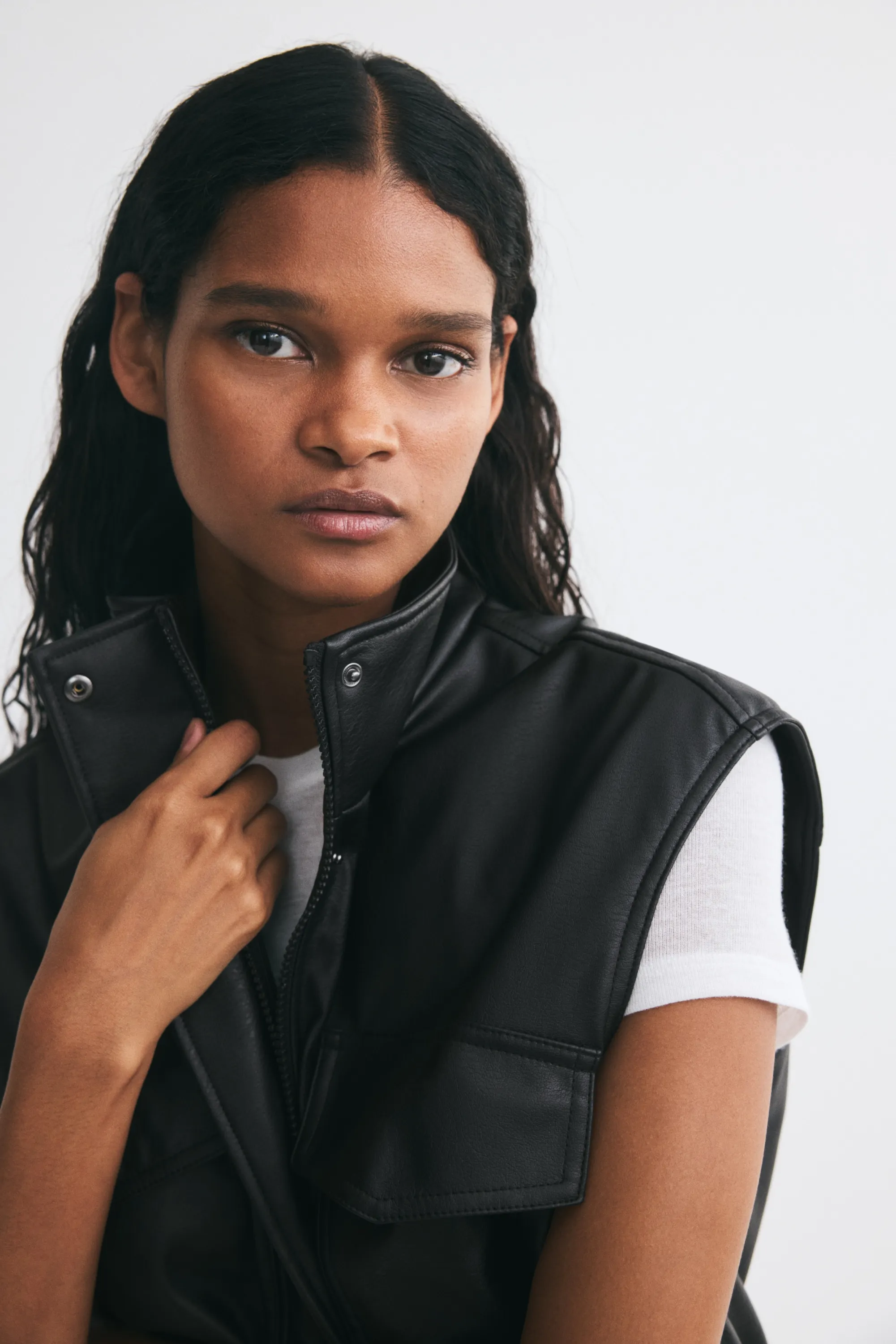 Veste sans manches oversize en tissu enduit - Noir