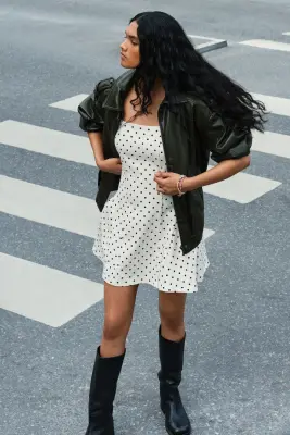 Robe à encolure carrée avec jupe évasée - Crème/pois — photo 1