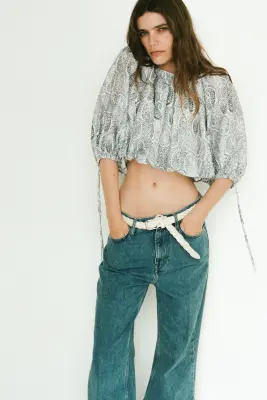 Blouse oversize avec liens à nouer - Bleu clair/motif cachemire — photo 1