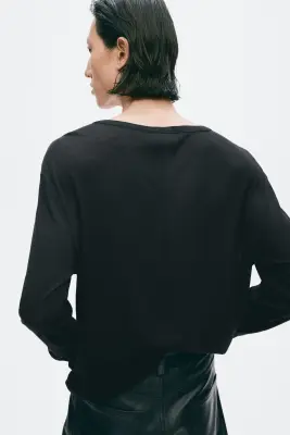 T-shirt Slim Fit à col tunisien en coton - Noir — photo 3