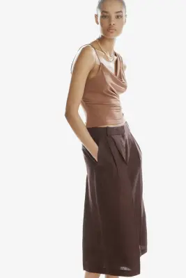 Jupe-culotte large en lin mélangé - Marron foncé — photo 2