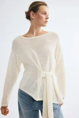 Top en maille avec détail à nouer - Crème — photo 1