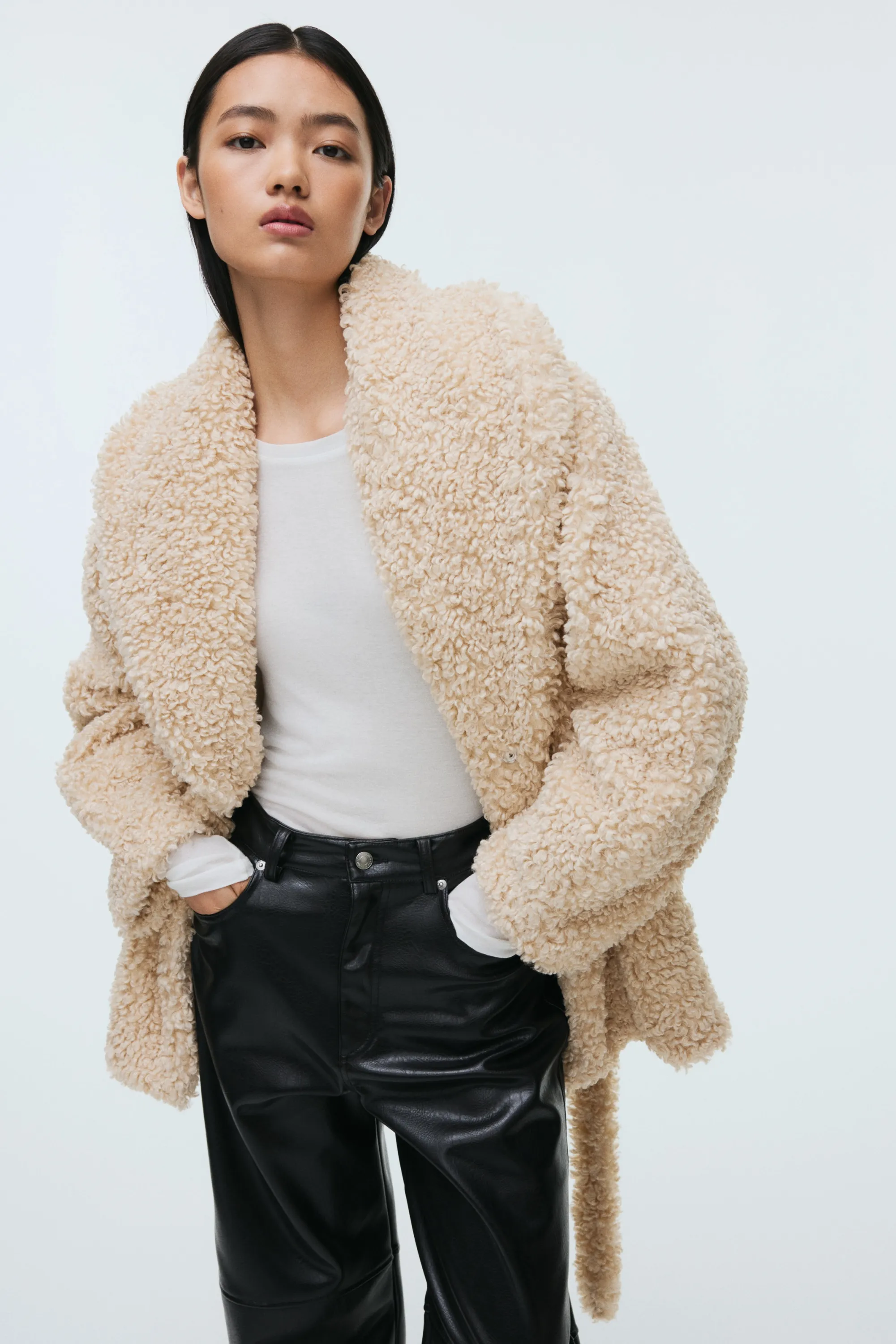 Manteau en tissu Teddy bear avec ceinture à nouer - Beige