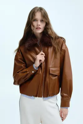 Veste avec col duveteux - Marron — photo 2
