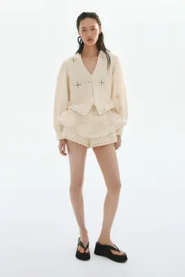 Blouse en coton avec broderie anglaise - Beige clair — photo 1