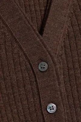 Cardigan en laine fine à col V - Marron foncé — photo 4