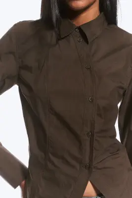 Chemise ajustée en popeline asymétrique - Marron foncé — photo 2