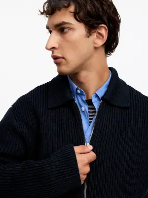 Cardigan zippé en laine et coton - Bleu foncé — photo 3