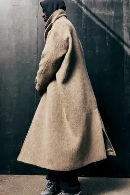 Manteau en laine mélangée croisé oversize - Taupe cendré — photo 3