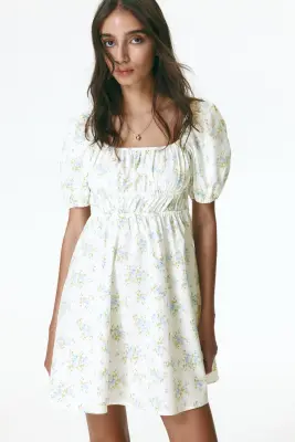 Robe en popeline avec manches bouffantes - Crème/fleuri — photo 1