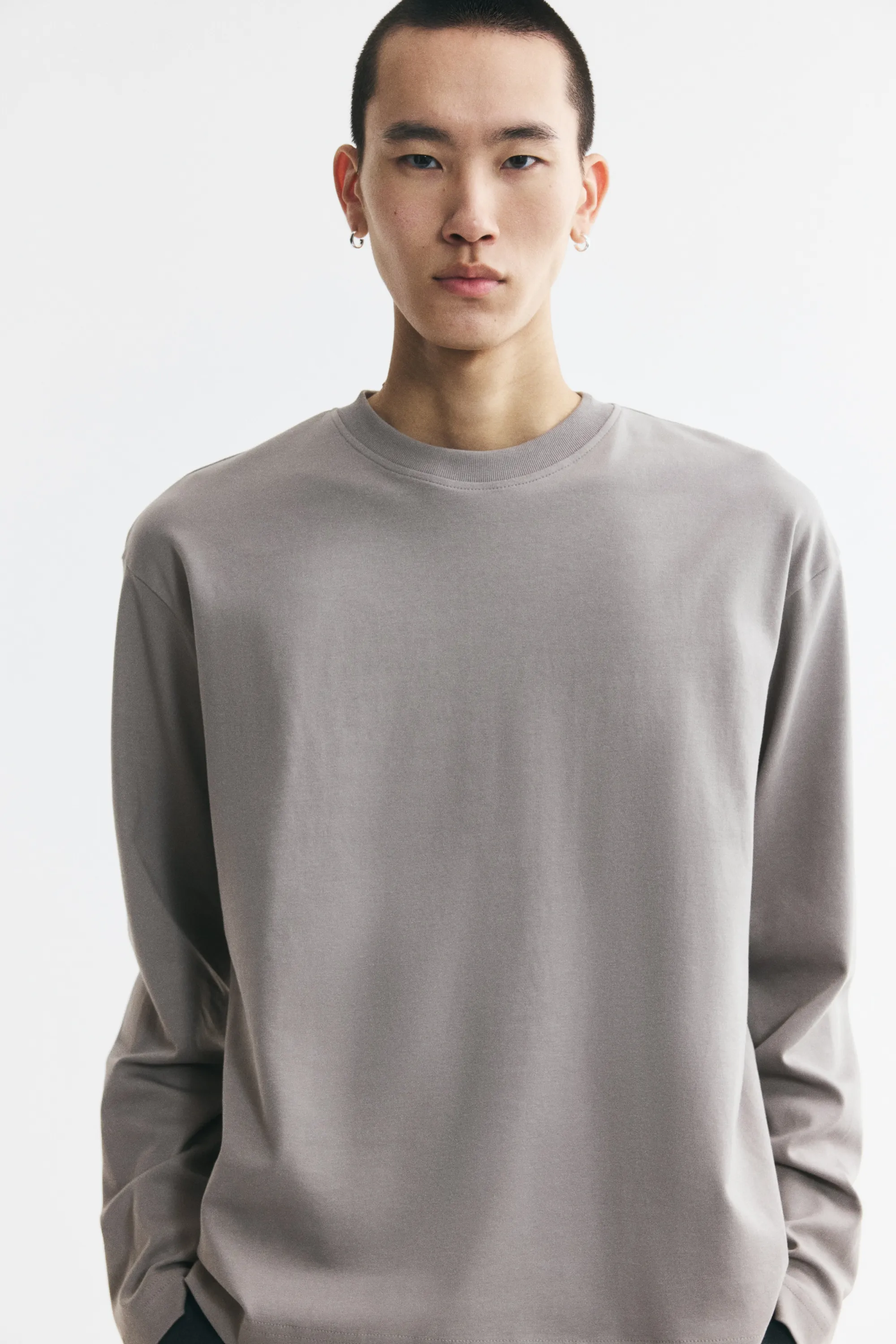 T-shirt à manches longues Relaxed Fit en interlock - Taupe clair