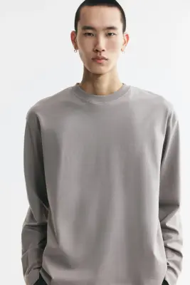 T-shirt à manches longues Relaxed Fit en interlock - Taupe clair — photo 1