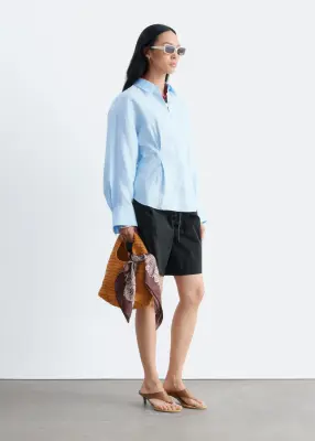Chemise en lin plissée à la taille - Bleu clair — photo 3