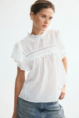 Blouse à manches volantées avec dentelle - Blanc — photo 1