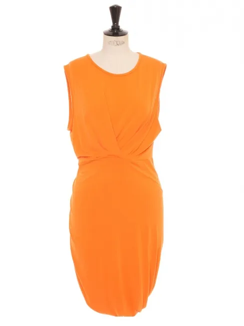 Robe sans manche col rond drapé et cintrée en jersey orange vif Prix boutique 300€ Taille L