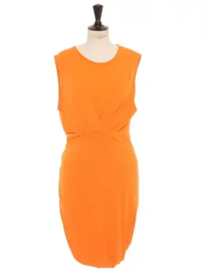 Robe sans manche col rond drapé et cintrée en jersey orange vif Prix boutique 300€ Taille L — photo 1