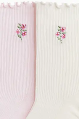 Lot de 5 paires de chaussettes en maille côtelée - Rose clair/bordeaux/fleuri — photo 2
