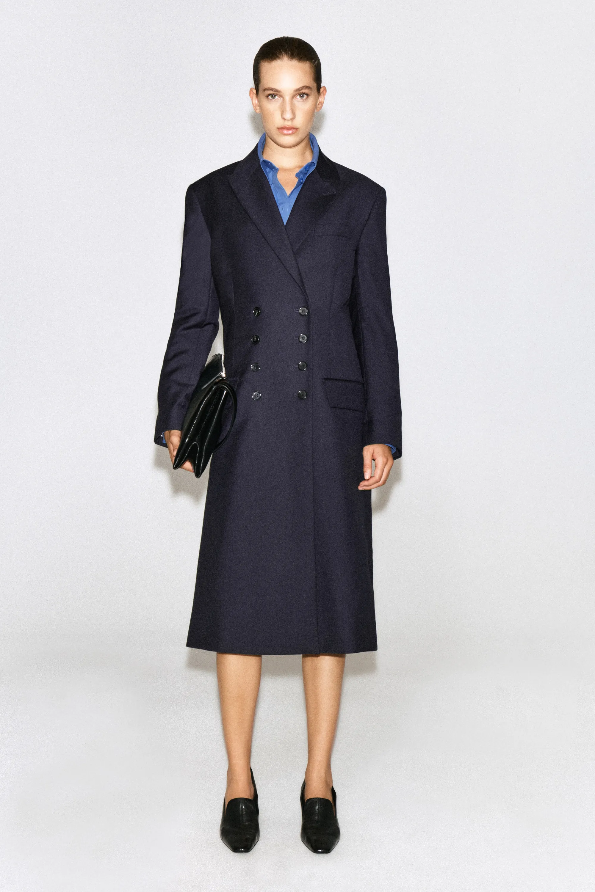 BLAZER LONG CROISÉ EN LAINE - BLEU MARINE
