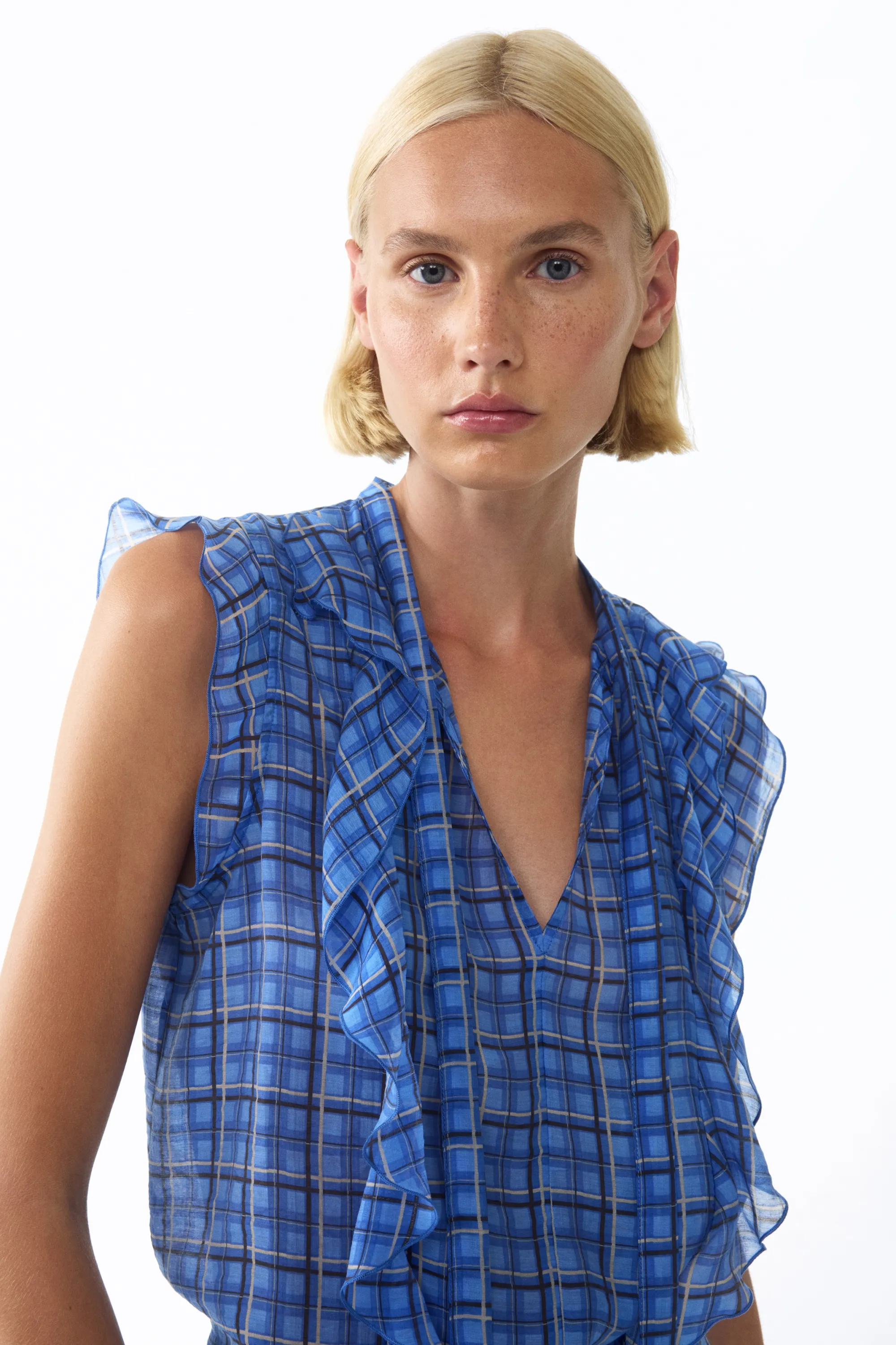 Blouse volantée avec col cravate - Bleu/carreaux