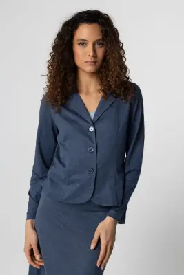 Veste Bleu Foncé Col Veste Manches Longues en Lin / Elasthanne — photo 5