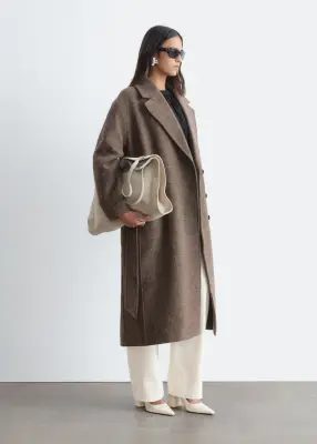 Manteau volumineux en laine avec ceinture - Taupe chiné foncé — photo 4