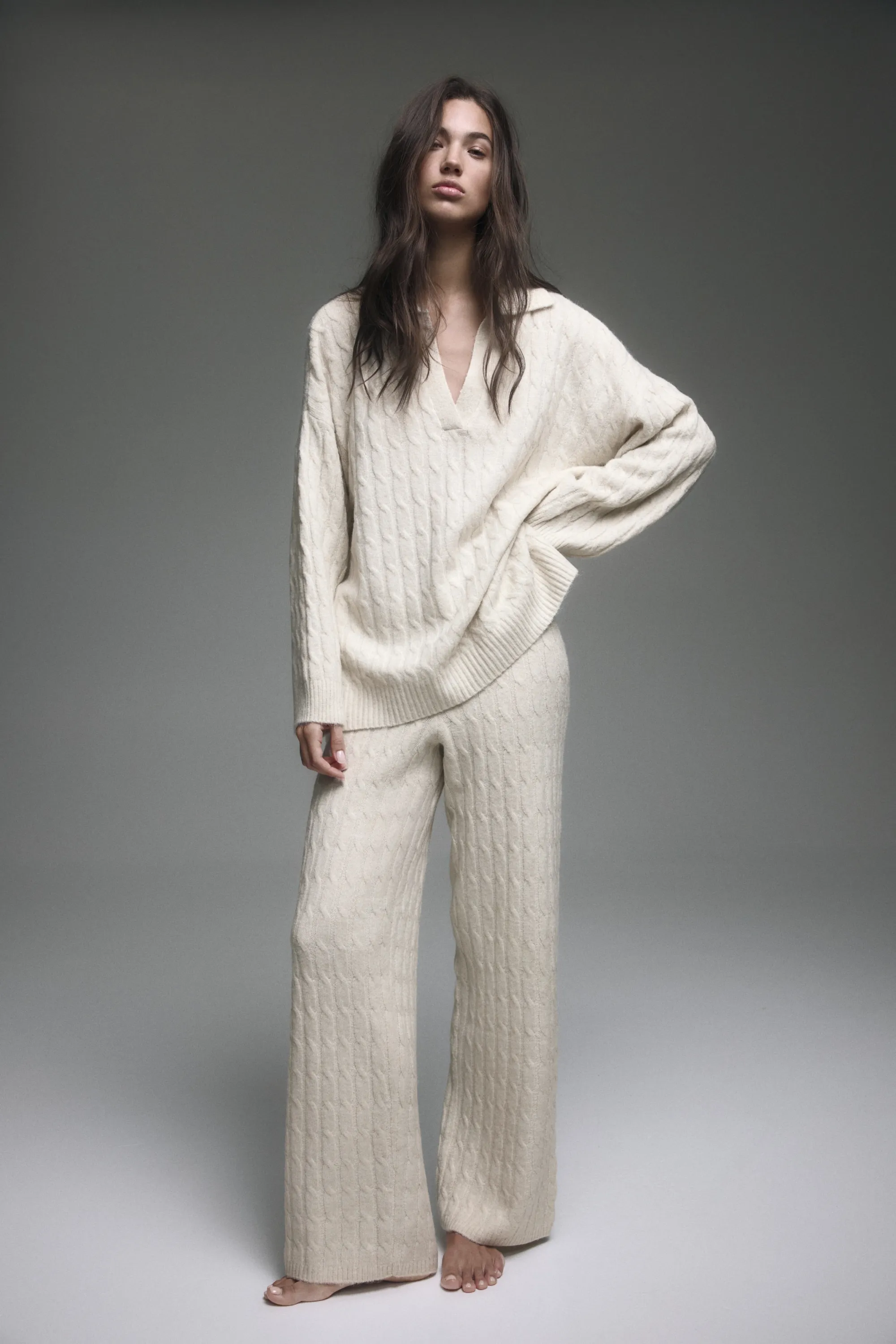 Pull en maille torsadée - Beige clair chiné