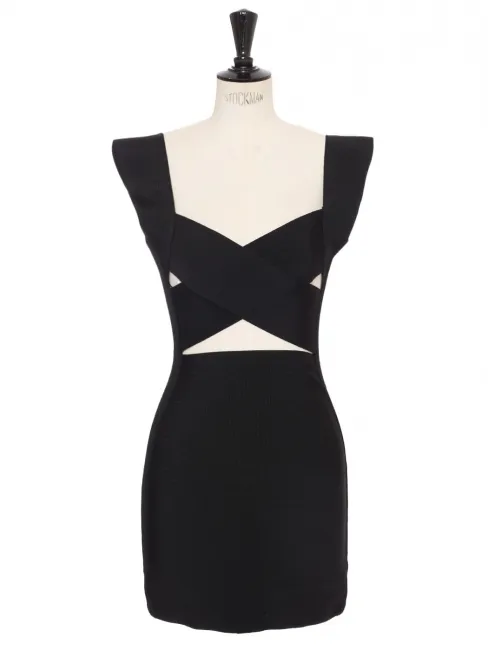 Robe de cocktail mini à bandes stretch noir décolleté et dos nu Prix boutique $1855 Taille XS