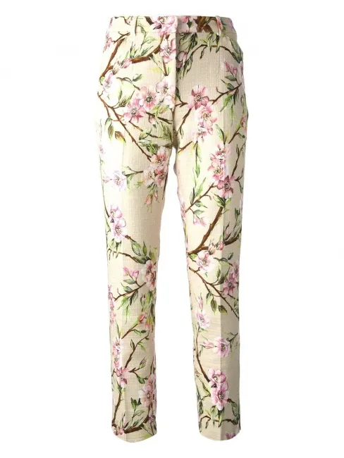 Pantalon droit beige imprimé fleurs de cerisier rose blanc vert Prix boutique $850 Taille XS