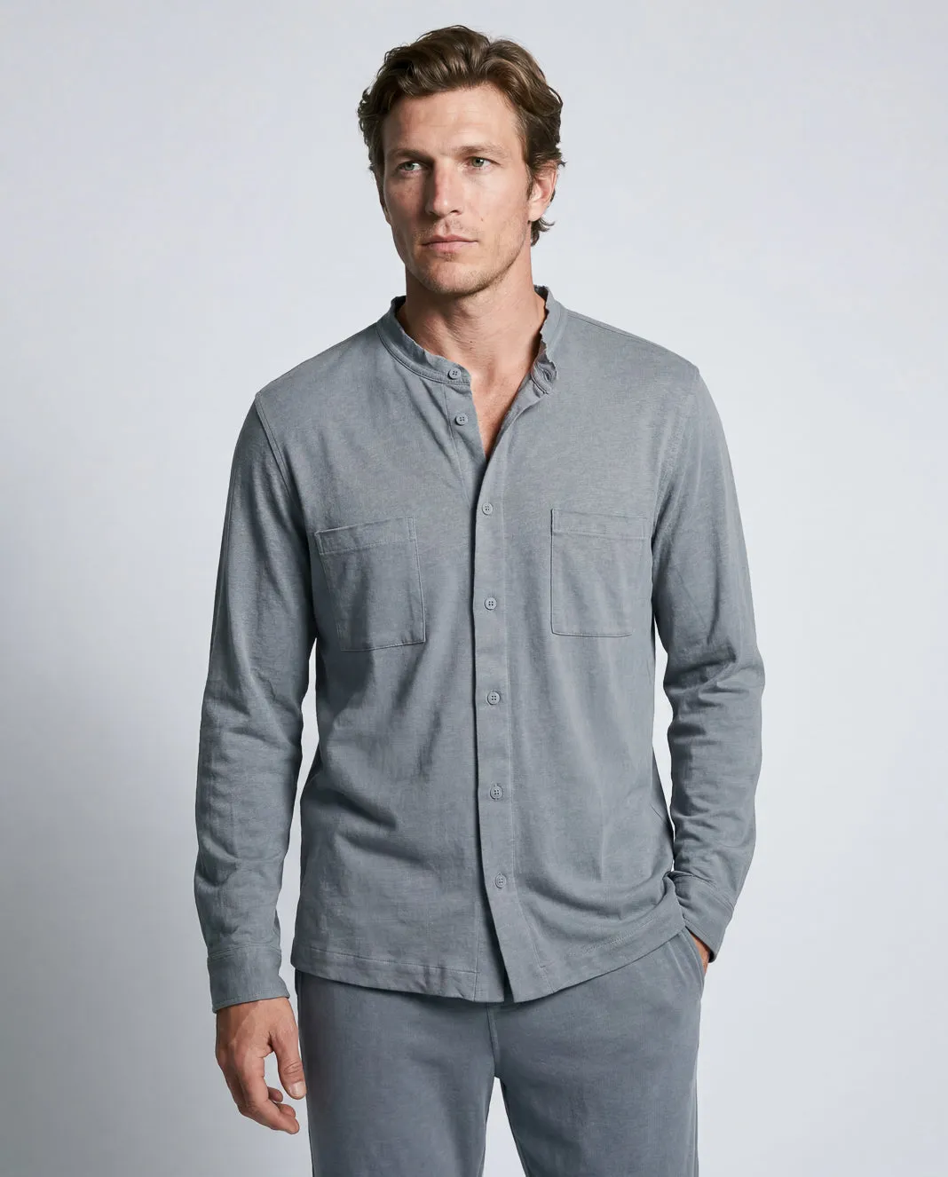 Chemise Grise Manches Longues en Coton / Lin
