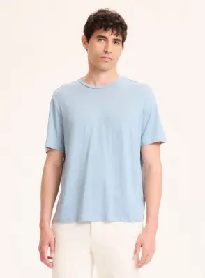 T-shirt Bleu Col Rond Manches Courtes en Lin / Elasthanne — photo 3