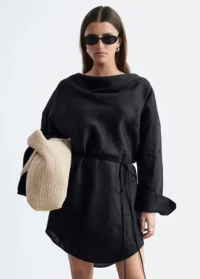 Robe courte à col bénitier en lin - Noir — photo 2