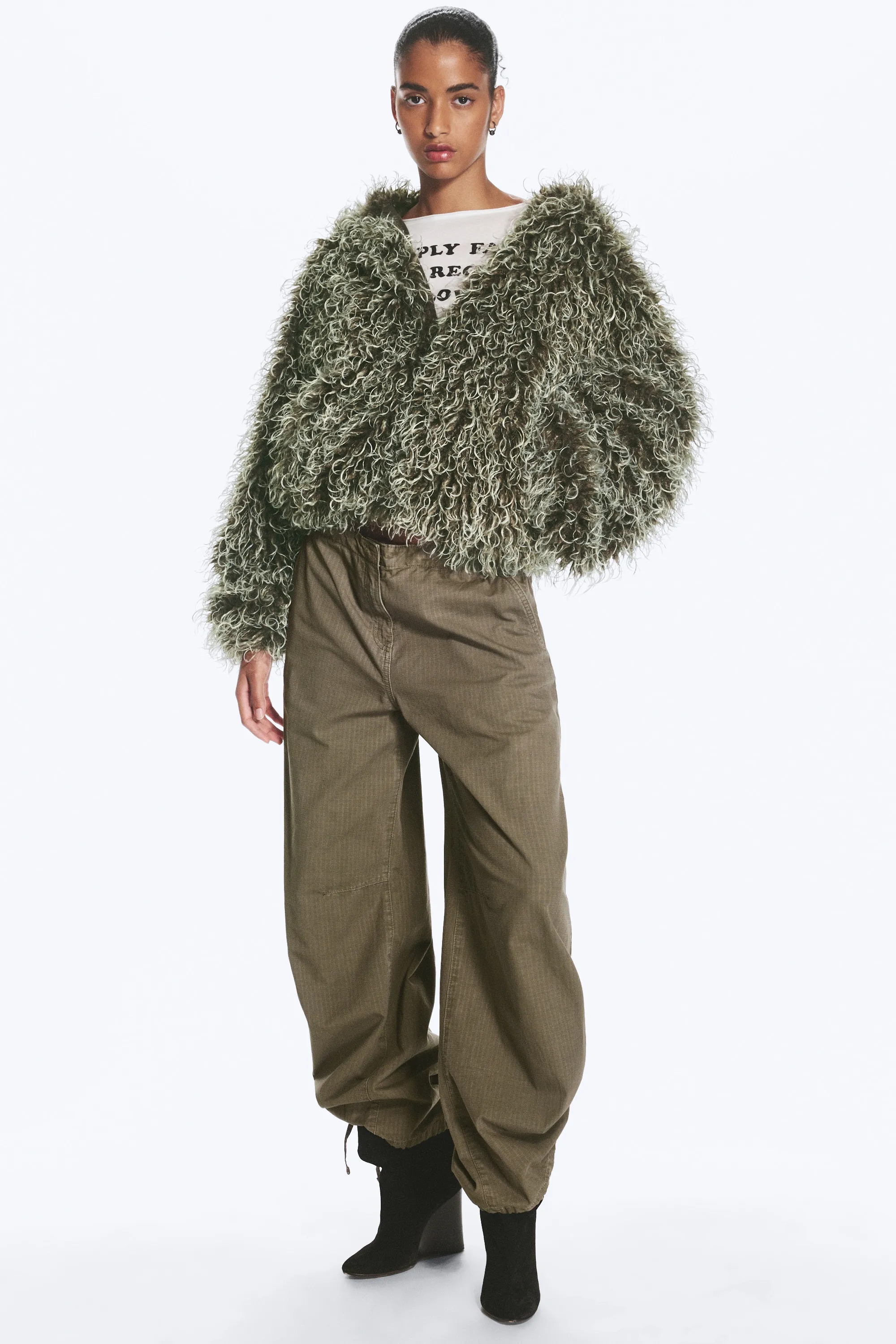 Sweat à capuche zippé en fourrure - Vert kaki foncé