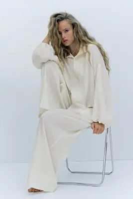 Pantalon froissé avec taille élastique - Crème — photo 2