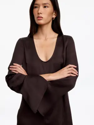 Robe en satin à col arrondi - Marron — photo 3