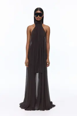 Robe trapèze en mousseline avec dos nu - Marron foncé — photo 2