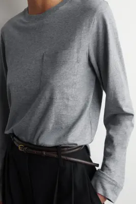 T-SHIRT À MANCHES LONGUES EN COTON - GRIS CHINÉ — photo 2