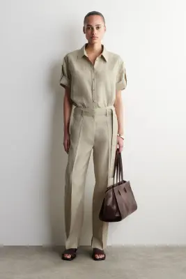 CHEMISE EN LIN À MANCHES RETROUSSÉES - SABLE — photo 1
