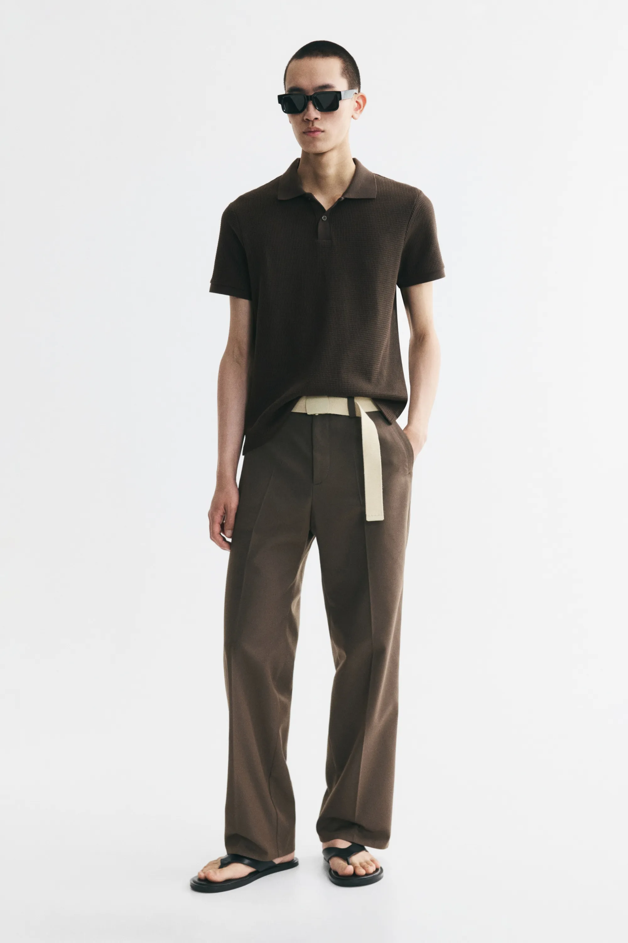 Polo Slim Fit en maille gaufrée - Vert kaki foncé