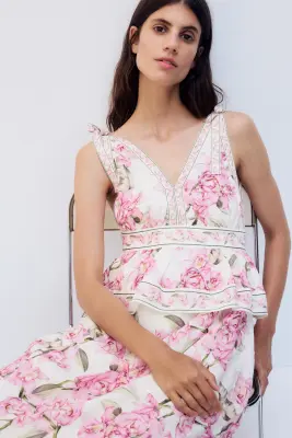 MAMA Robe d'allaitement en lin mélangé - Crème/fleuri — photo 1