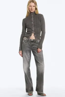 Cardigan côtelé ajusté - Gris foncé délavé — photo 2