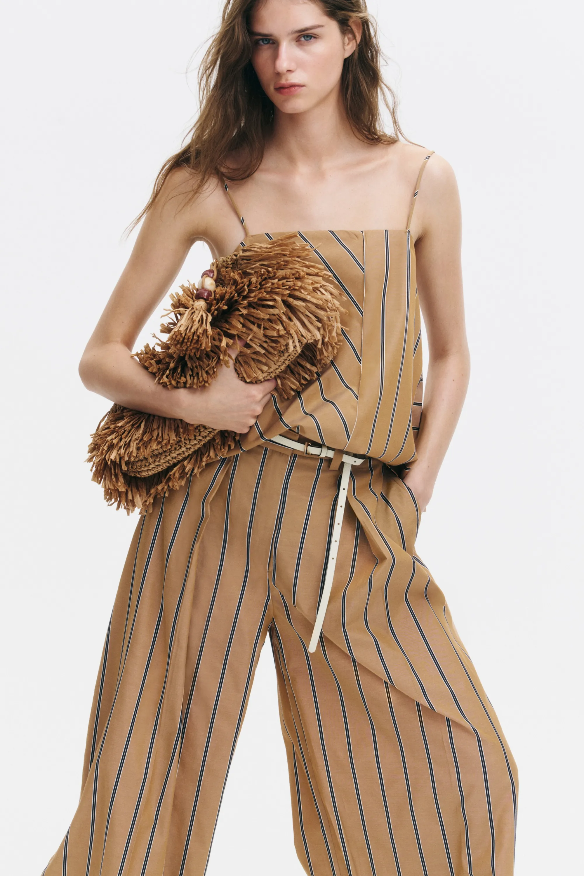 Pantalon large avec détails croisés - Beige foncé/rayé