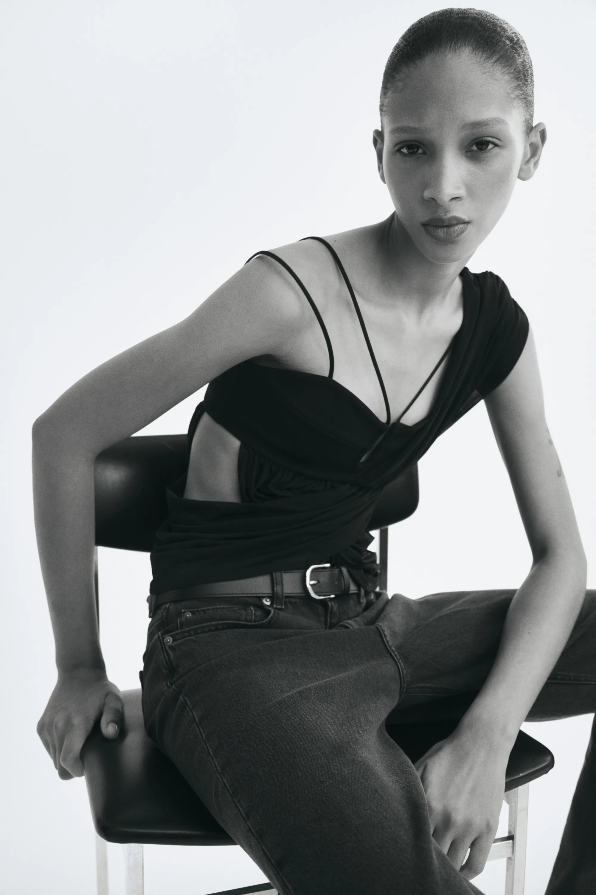 Crop top bi-matière à effet drapé - Noir